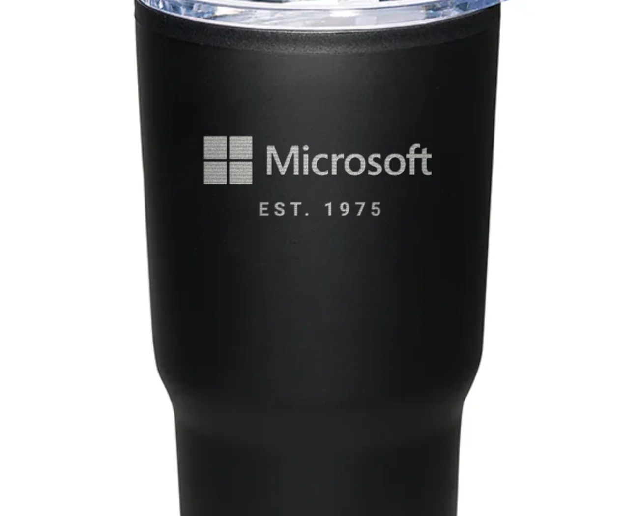 Microsoft logo laser engraved on a black 20 oz Streetwise tumbler