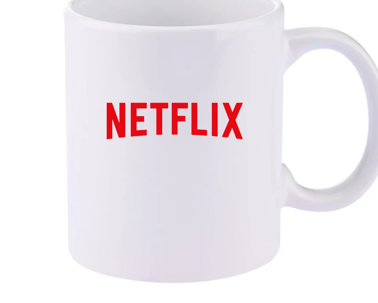 Netflix logo pad printed in Netflix red on a white ceramic mug