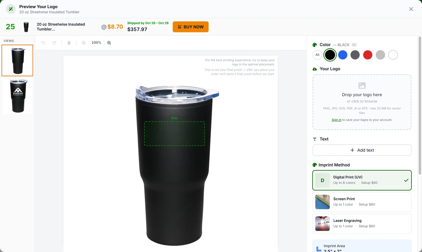 The Promogator online designer open on the 20 oz Streetwise tumbler, showing the dashed imprint area mapped for this product, product views and tool panel