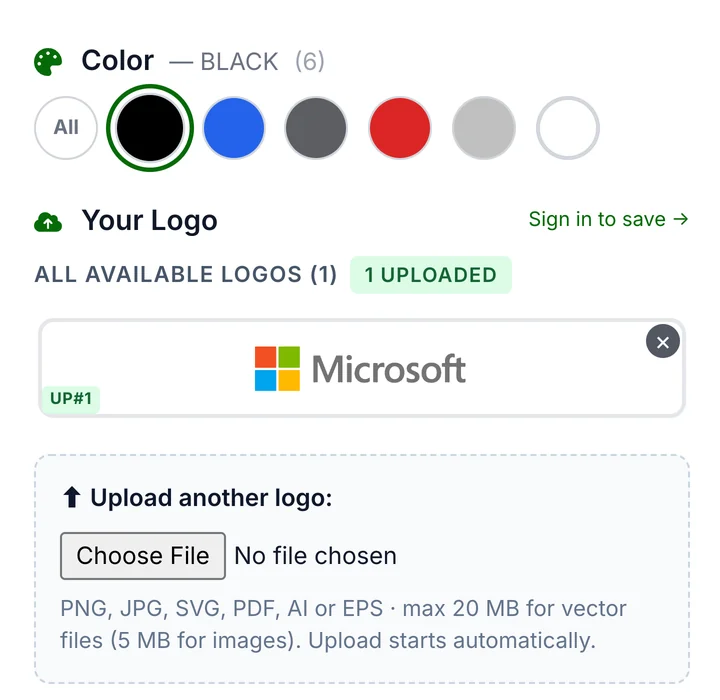 The Your Logo panel showing the uploaded Microsoft logo as tile UP#1 and the Upload another logo button