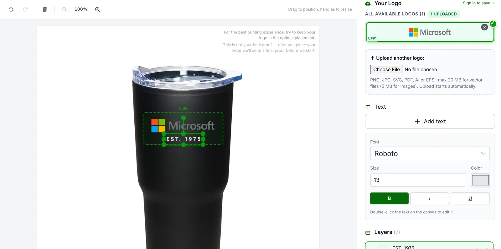 The Text panel with font, size, color and bold, italic, underline controls, with EST. 1975 centered under the logo in the tumbler imprint area