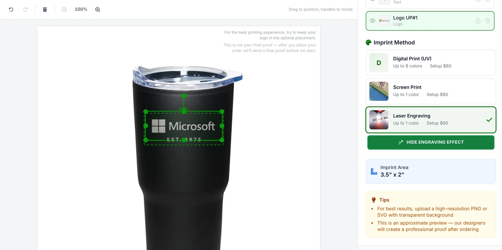 The black Streetwise tumbler showing the Microsoft logo and EST. 1975 laser engraved after choosing Laser Engraving and clicking See Laser Engraving