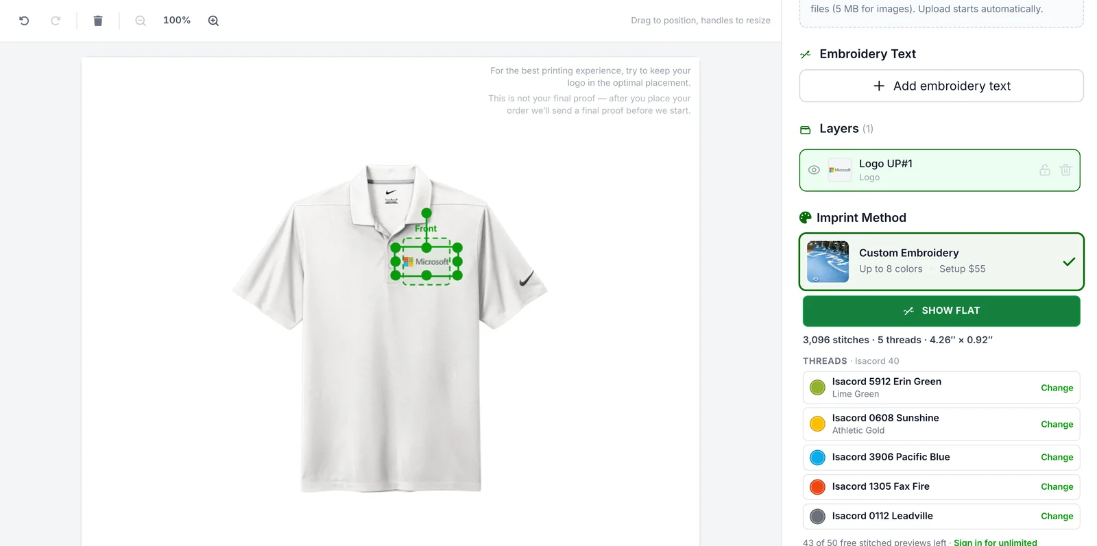 The Promogator designer showing the Microsoft logo stitched on the mapped left chest of a Nike polo, with Show flat, stitch count, Isacord threads and Change buttons