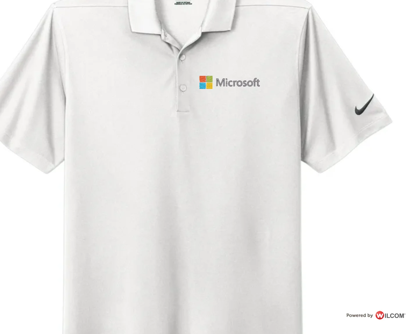 A white Nike Dri-FIT polo with the Microsoft logo embroidered on the left chest — a real Wilcom stitched preview