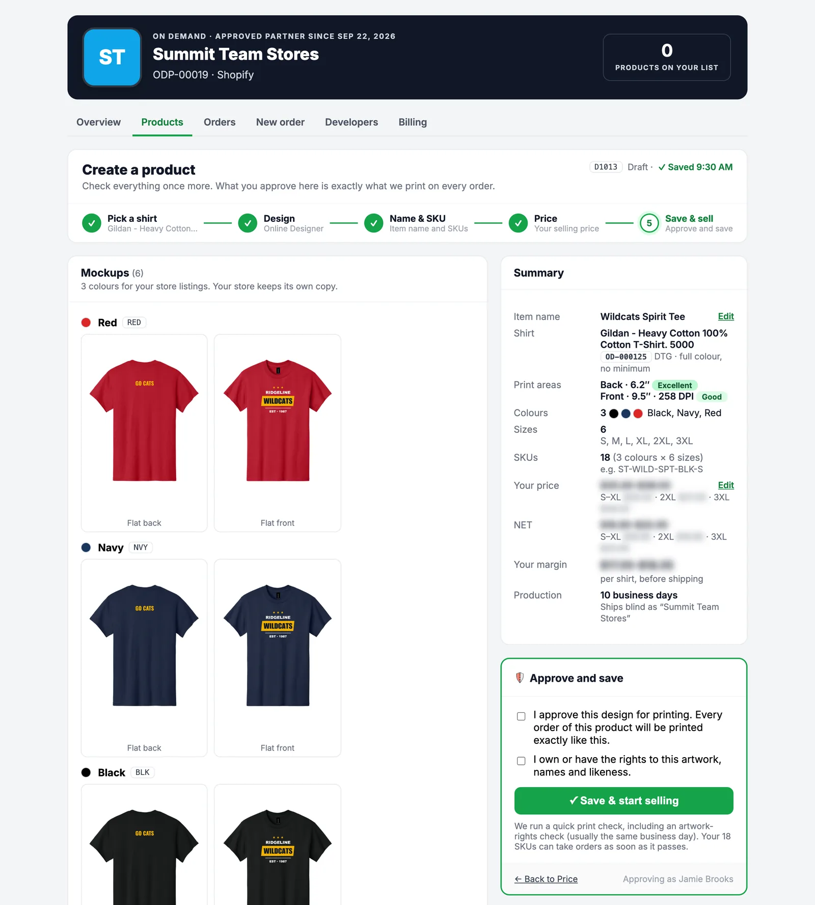 Approve and save step with mockups in three colours and the summary