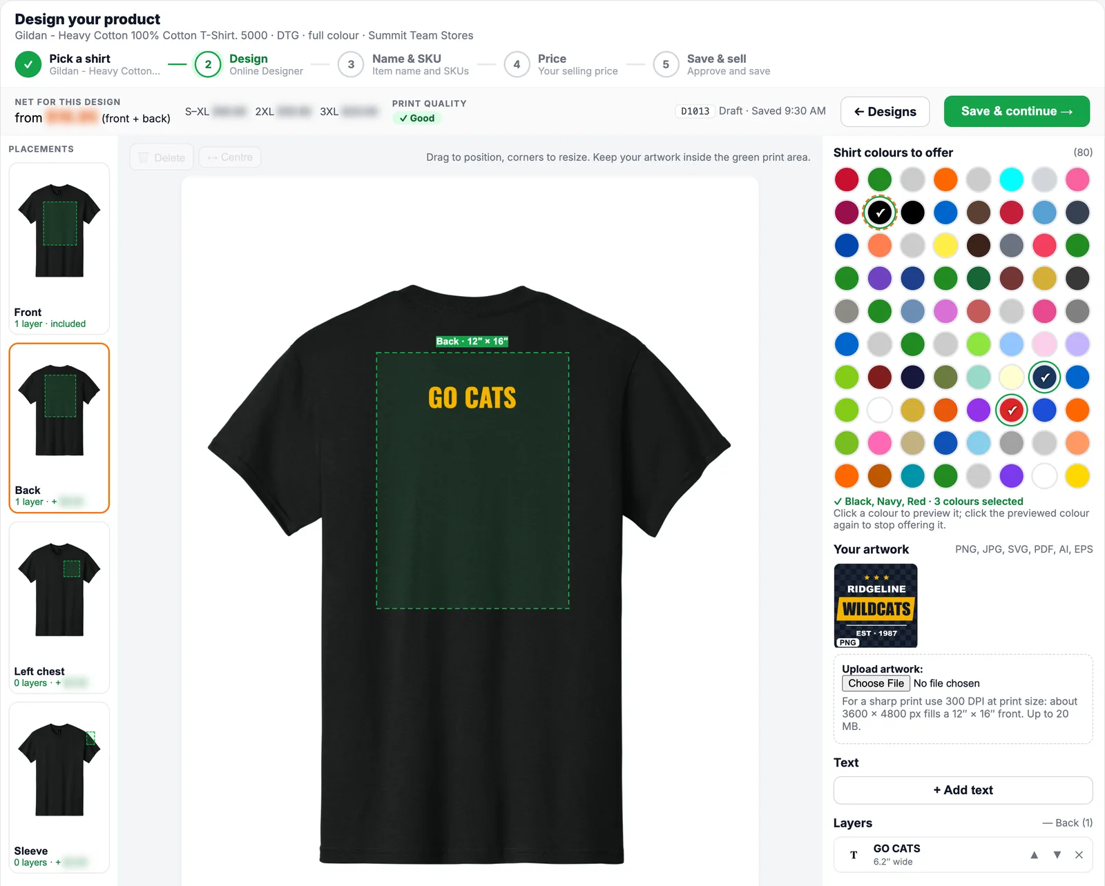 Online Designer showing text on the back print area