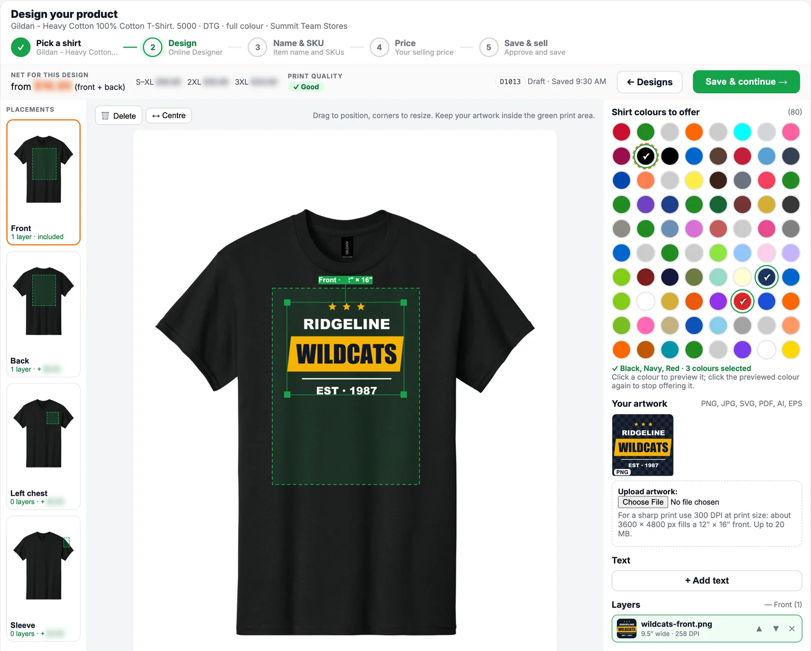 Online Designer with artwork placed on the front print area of a black tee