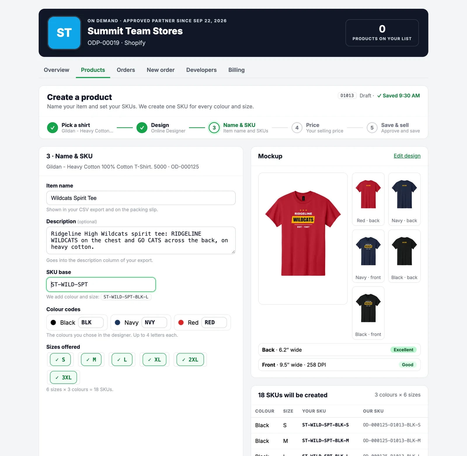 Name and SKU step with item name, SKU base, colour codes, sizes and the SKU list