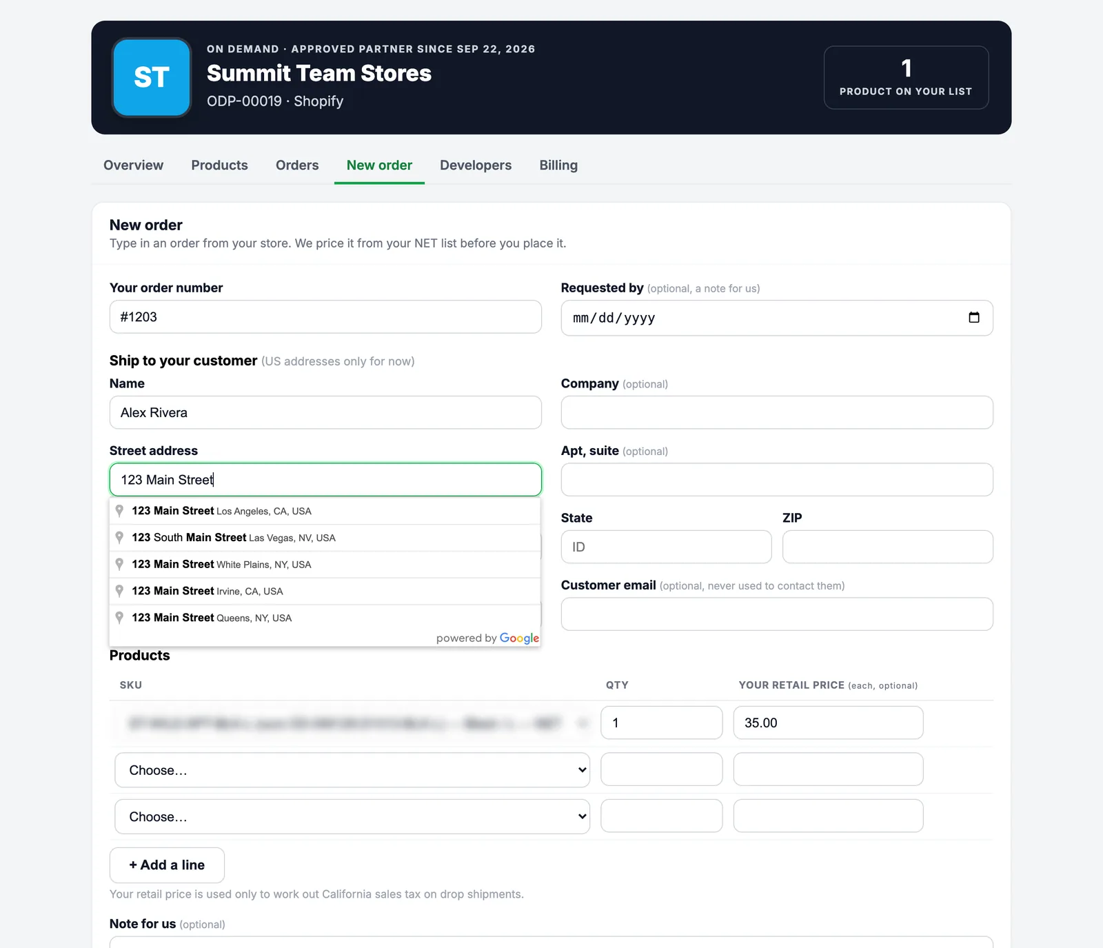 New order page with Google address suggestions for the customer's street address