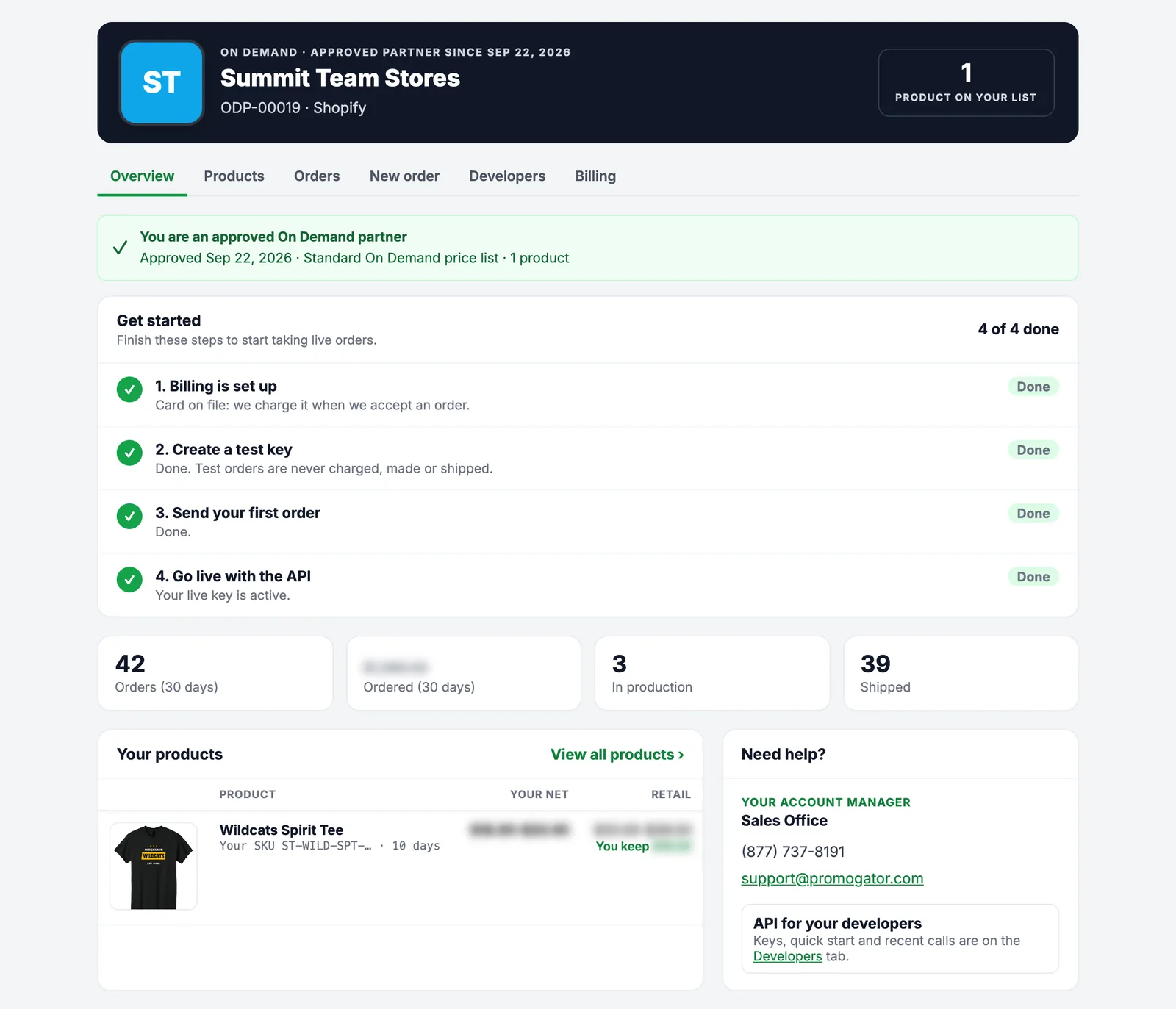 Partner portal overview with getting-started checklist, order stats and products