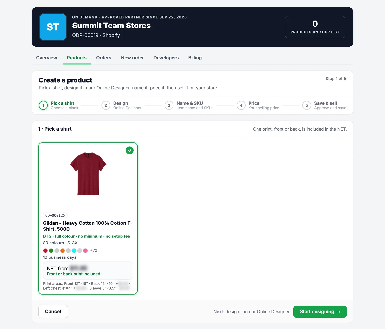 Pick a shirt step with the Gildan 5000 blank selected
