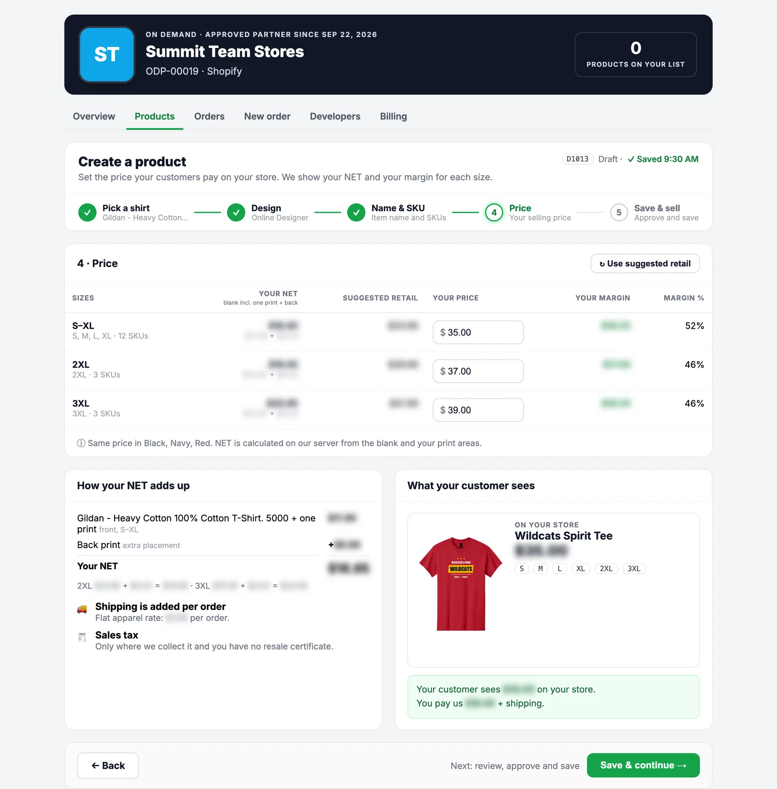 Price step showing NET, suggested retail, your price and margin per size group