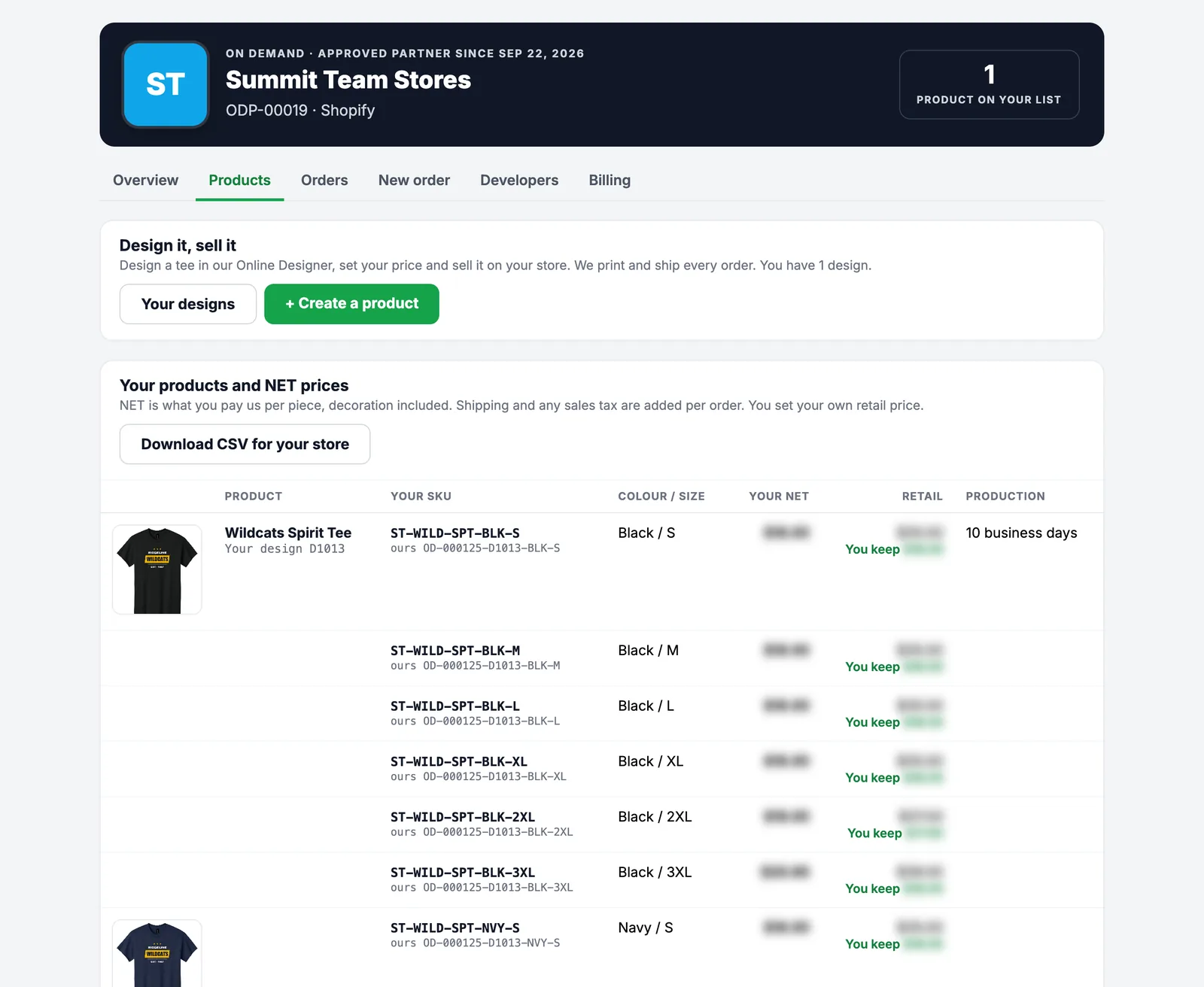 Products tab listing a designed tee with partner SKUs, colours and sizes